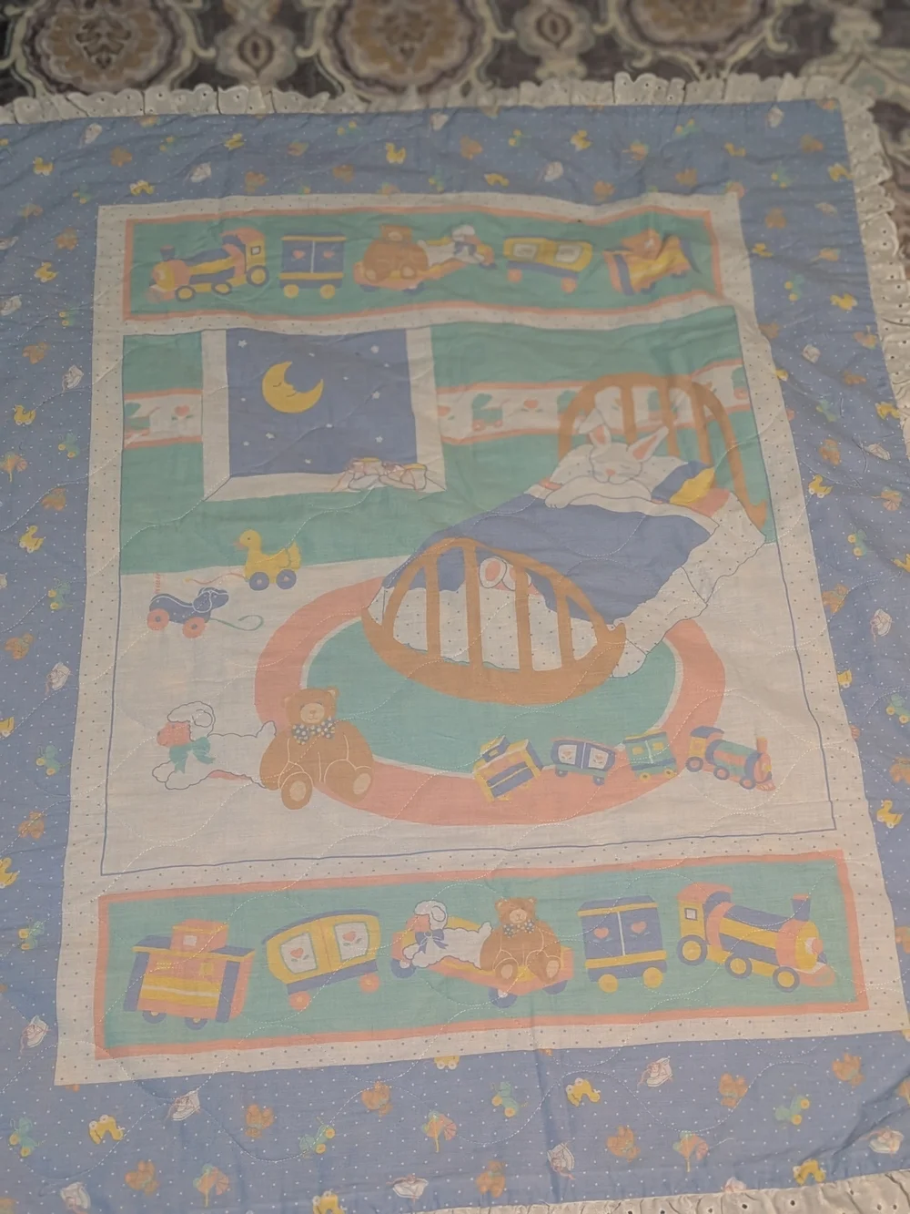 Nursery Baby Blanket - Pastel Blue Bedtime Train & Toys